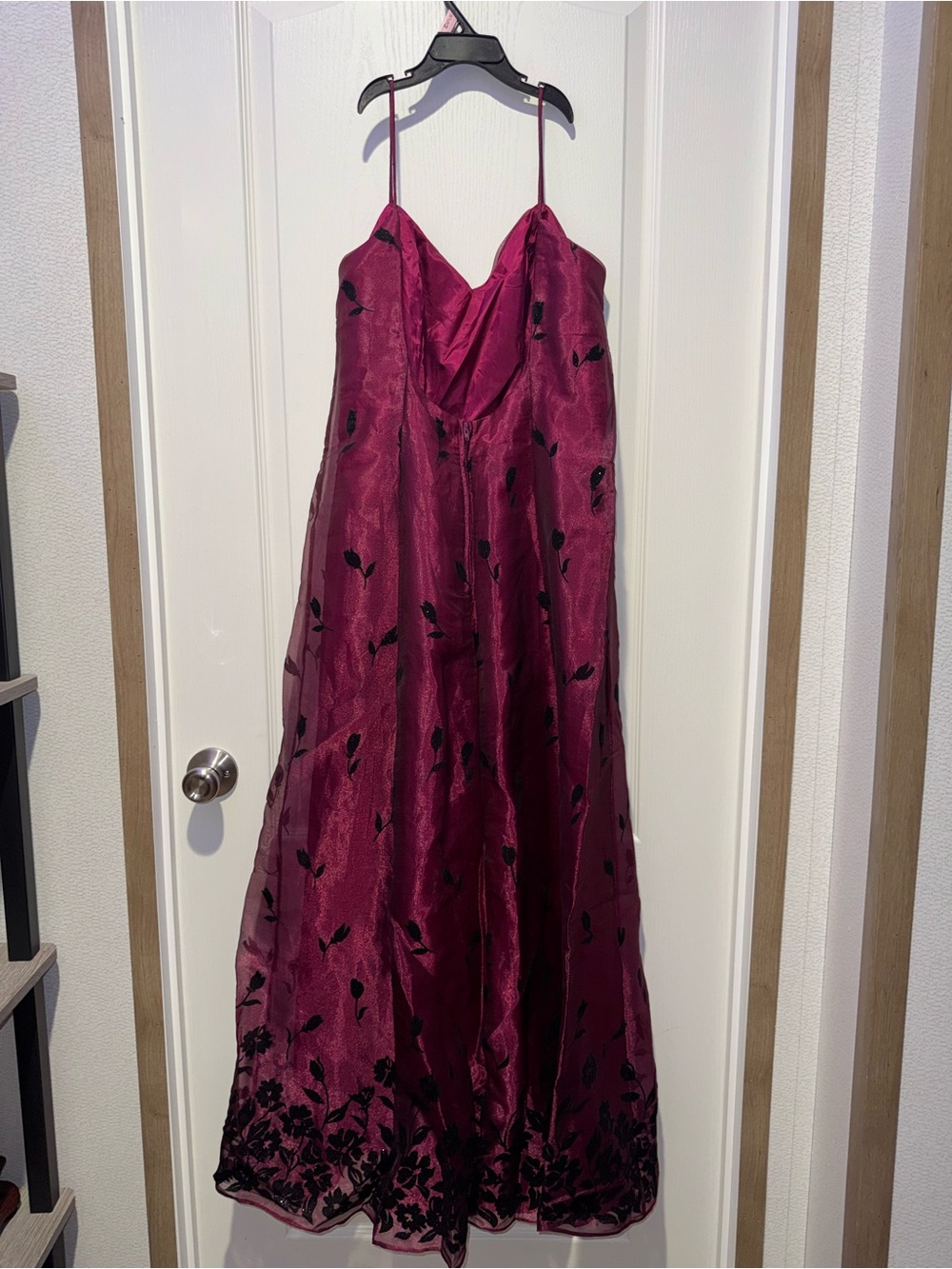 Women’s Burgundy Spaghetti-Strap Party Dress with Black Floral Details - Picture 2 of 6